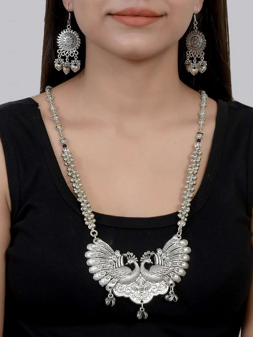 Oxidised Silver Long Necklace With Earring