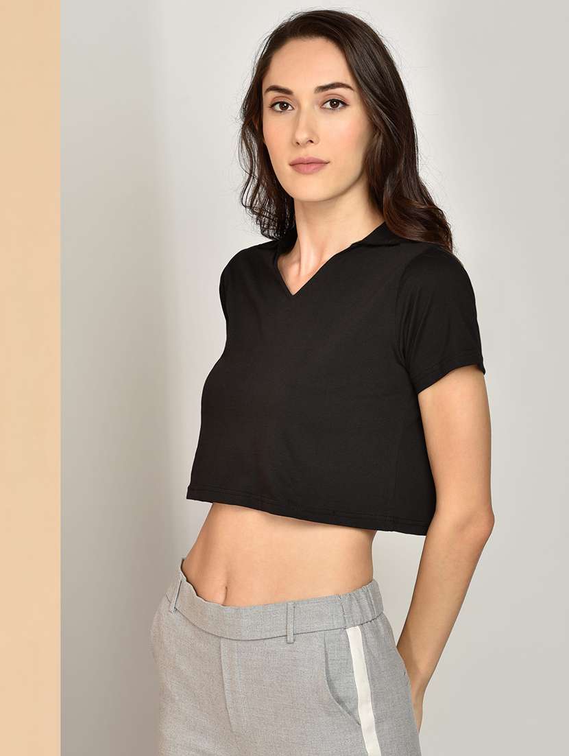 Women Solid V Neck Crop Top
