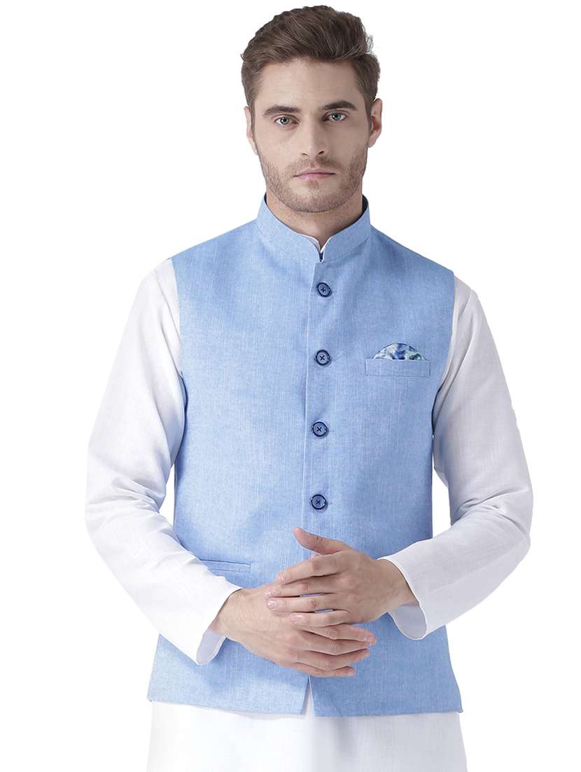 Buy online Light Blue Solid Linen Nehru Jacket from Jackets for Men by