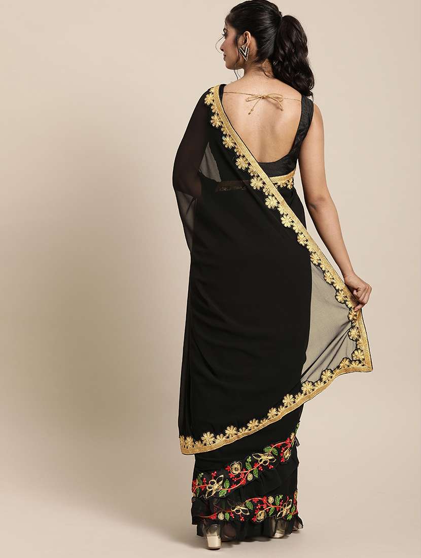 Solid Ruffle Bordered Saree With Blouse