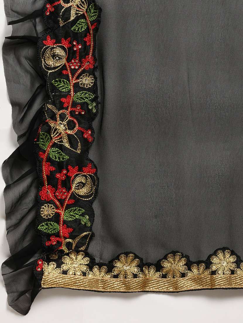 Solid Ruffle Bordered Saree With Blouse