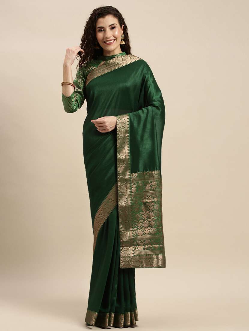 Bottle Green Bordered Saree With Blouse Brand Sukhmay Saree