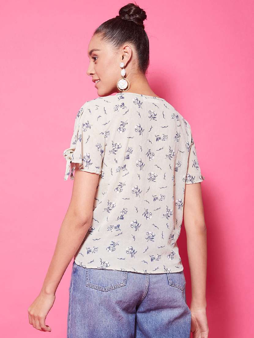 Women Printed Overlap Neck High Low Top