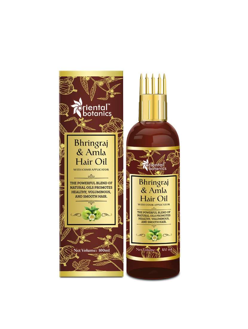 Oriental Botanics Bhringraj & Amla Hair Oil With Comb Applicator, 100ml   Promotes Healthy, Voluminous & Smooth Hair