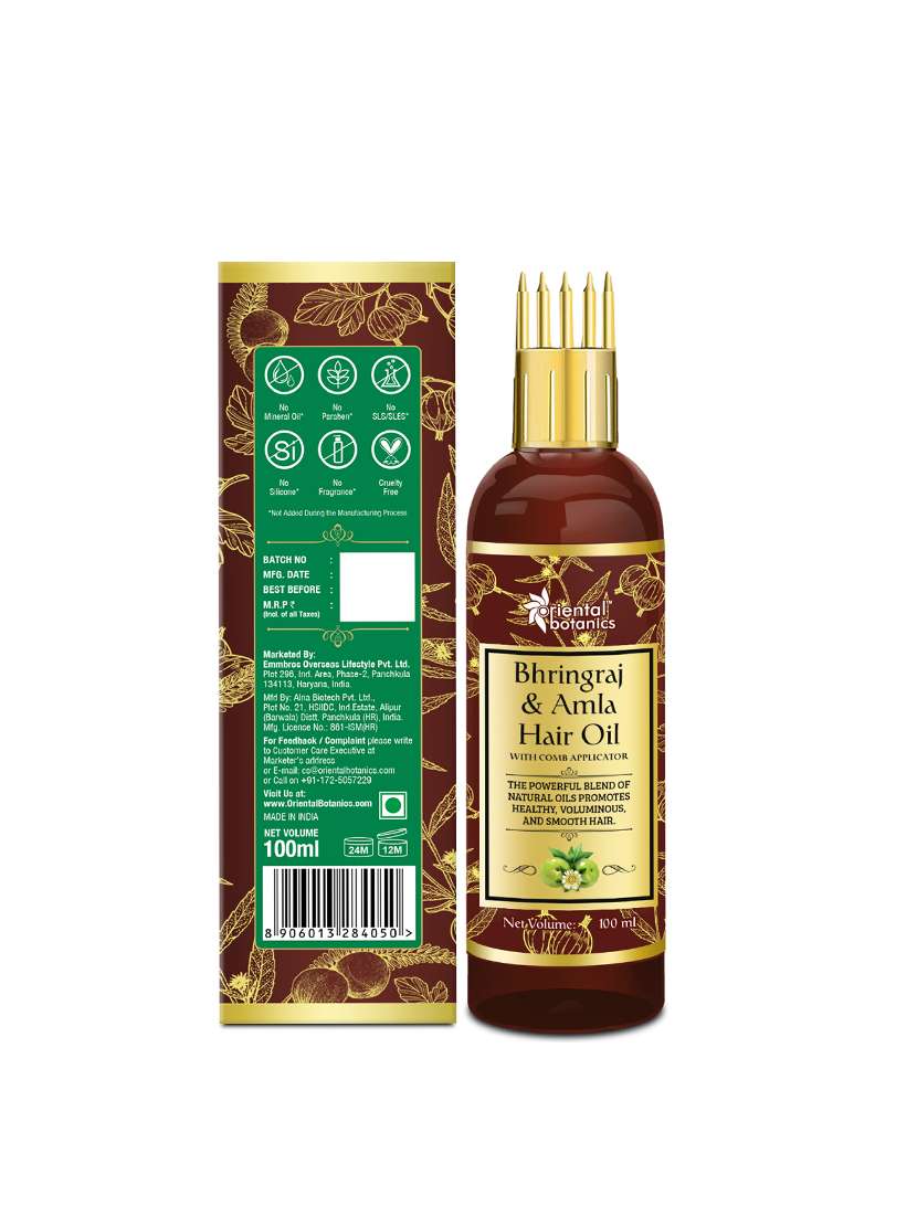 Oriental Botanics Bhringraj & Amla Hair Oil With Comb Applicator, 100ml   Promotes Healthy, Voluminous & Smooth Hair