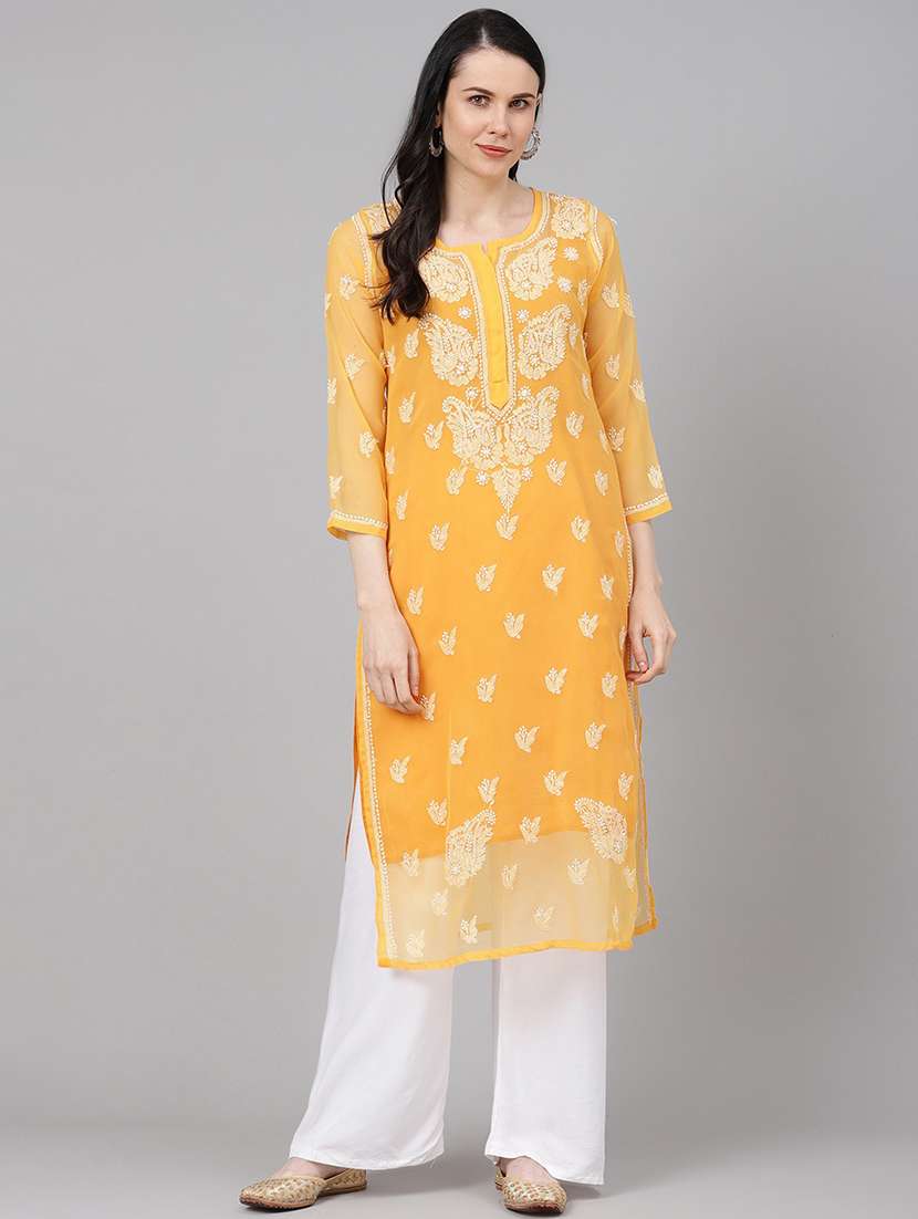 Orange Knee Length Chikankari Kurta For Women