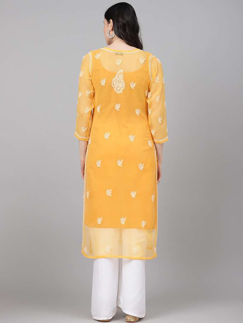 Orange Knee Length Chikankari Kurta For Women