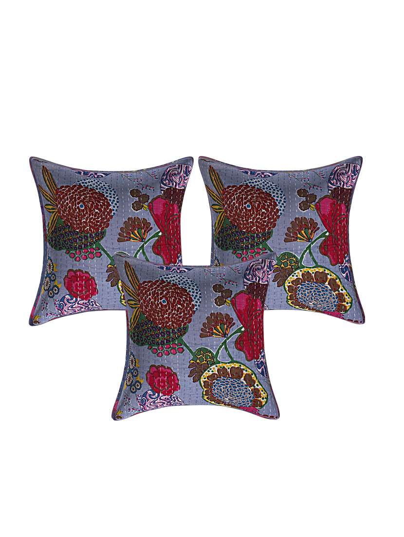 Indhome Life Pure Cotton 16x16 Inches Kantha Work Cushion Cover Set Of 3