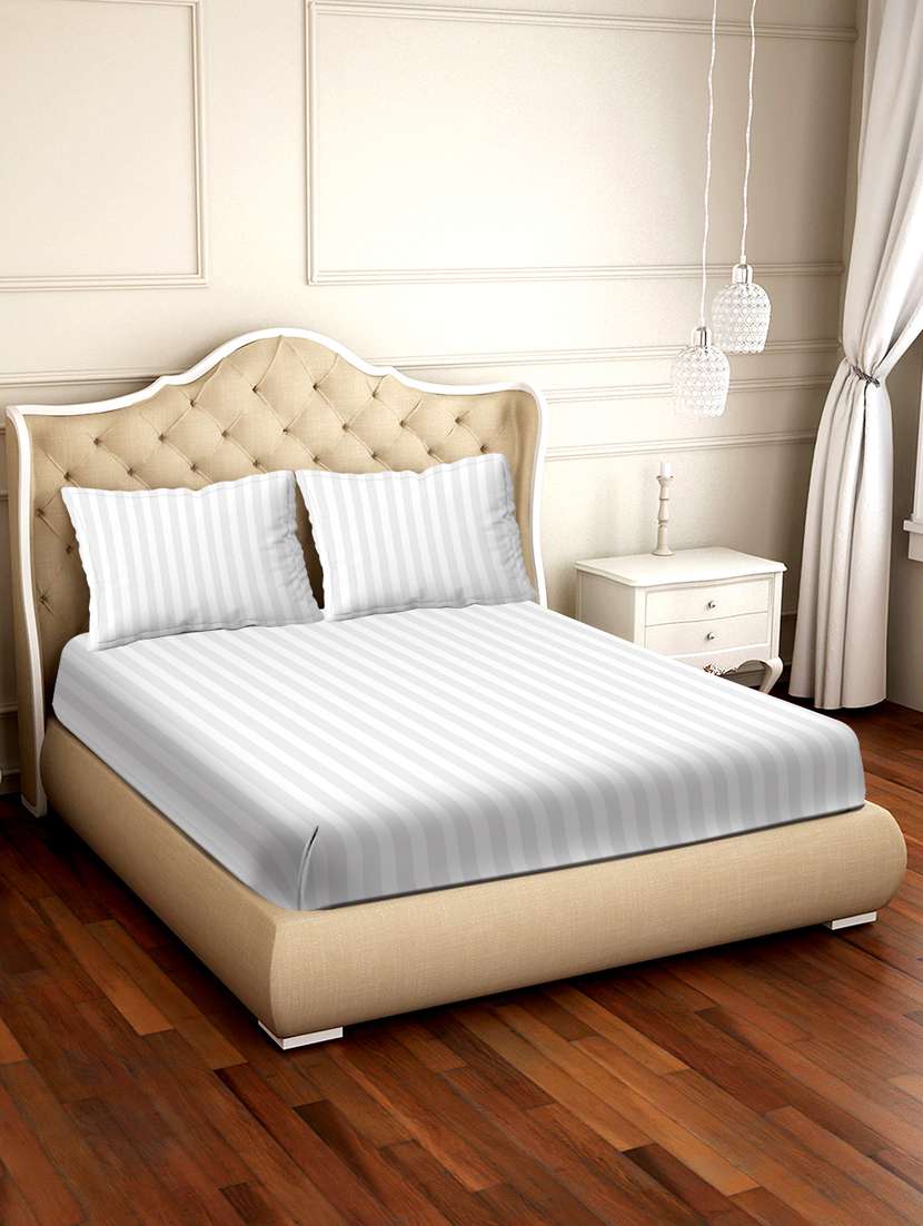 Cosmo Stripes Double Bedsheet Set Super King Size 210 Tc White Colour