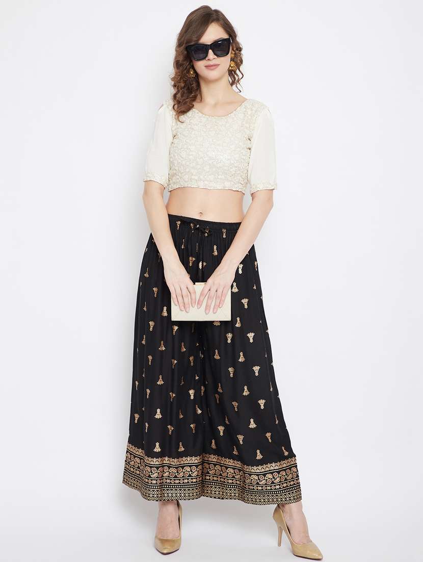 Black Foil Print Flared Palazzo