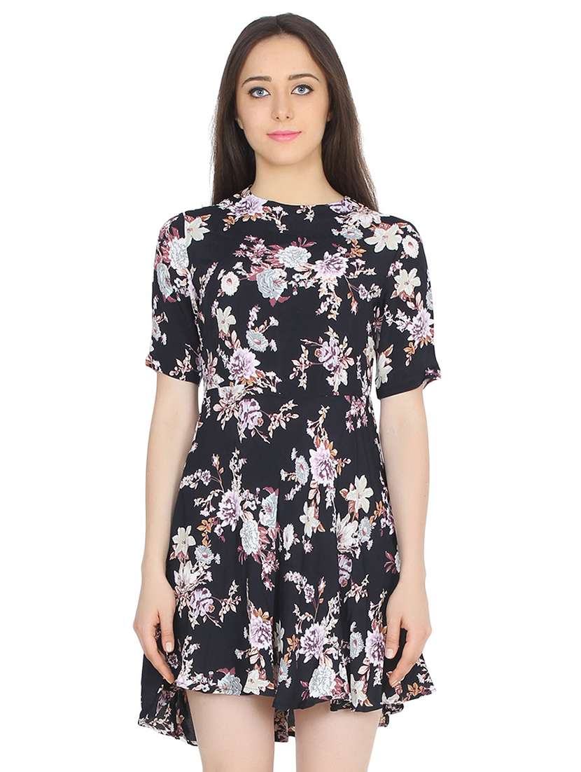 Crew Neck Floral Flared Dress 