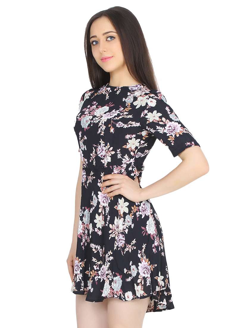 Crew Neck Floral Flared Dress 