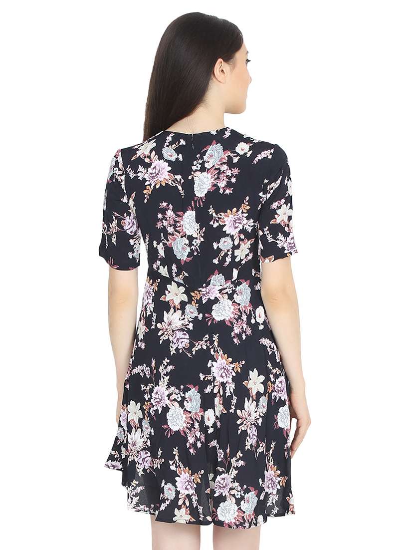Crew Neck Floral Flared Dress 