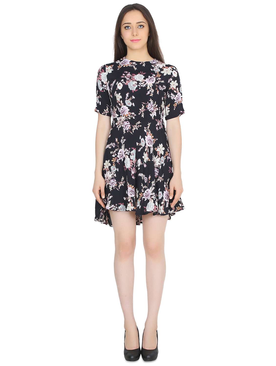Crew Neck Floral Flared Dress 