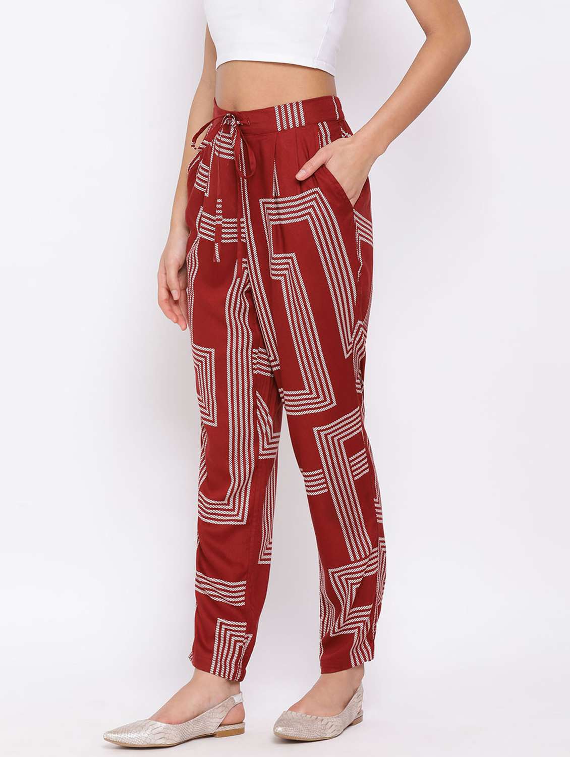 Maroon Printed Pleated Trouser