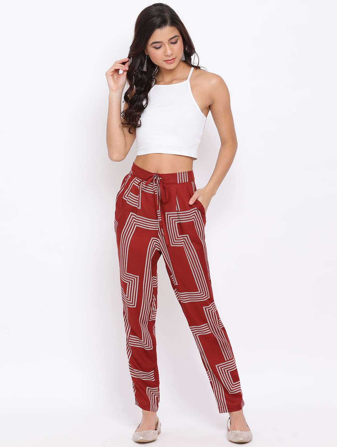 Maroon Printed Pleated Trouser