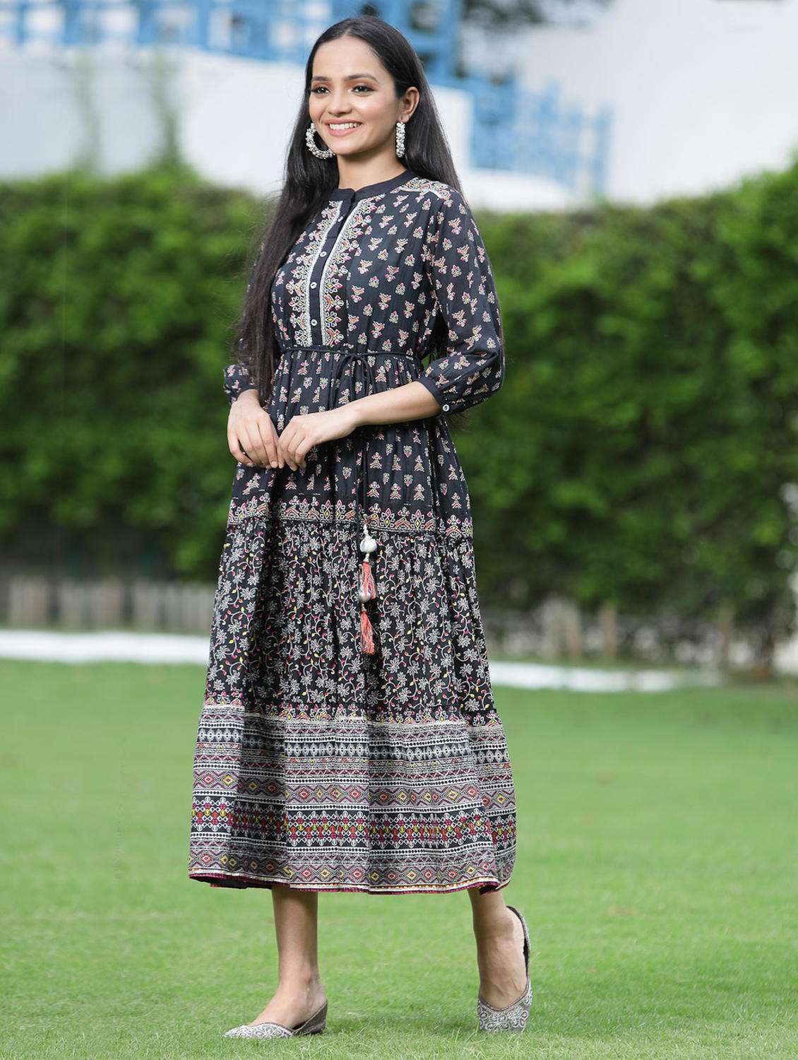 Printed Tiered Ethnic Dress With Mask