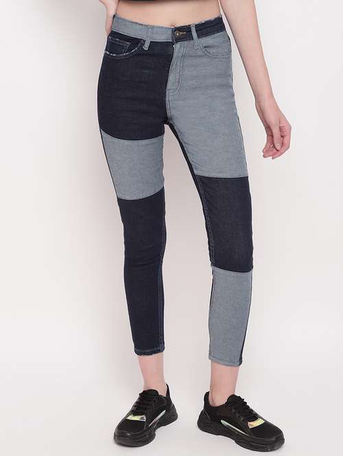 Buy online High Rise Color Block Jeans 