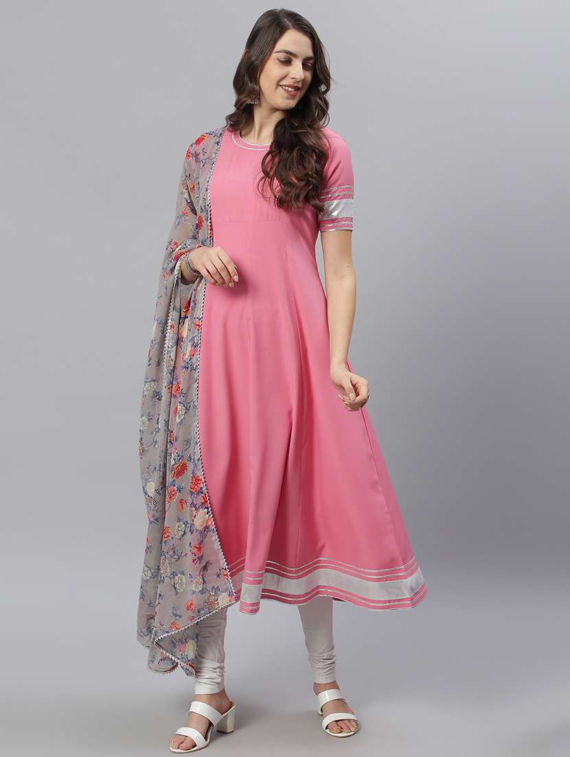 Women Pink Round Neck Kurta Legging Set With Dupatta