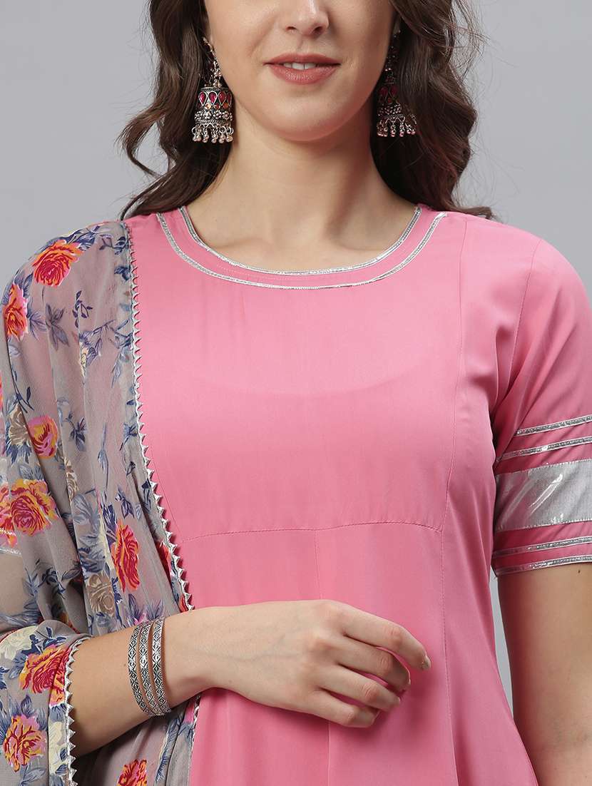 Women Pink Round Neck Kurta Legging Set With Dupatta