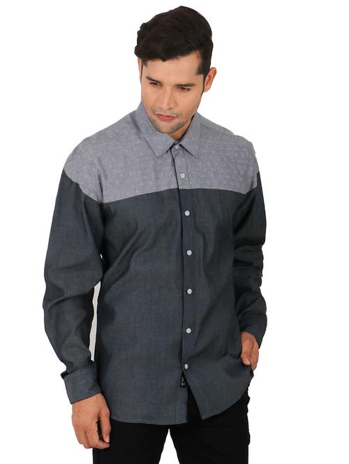 blue cotton color block casual shirt
