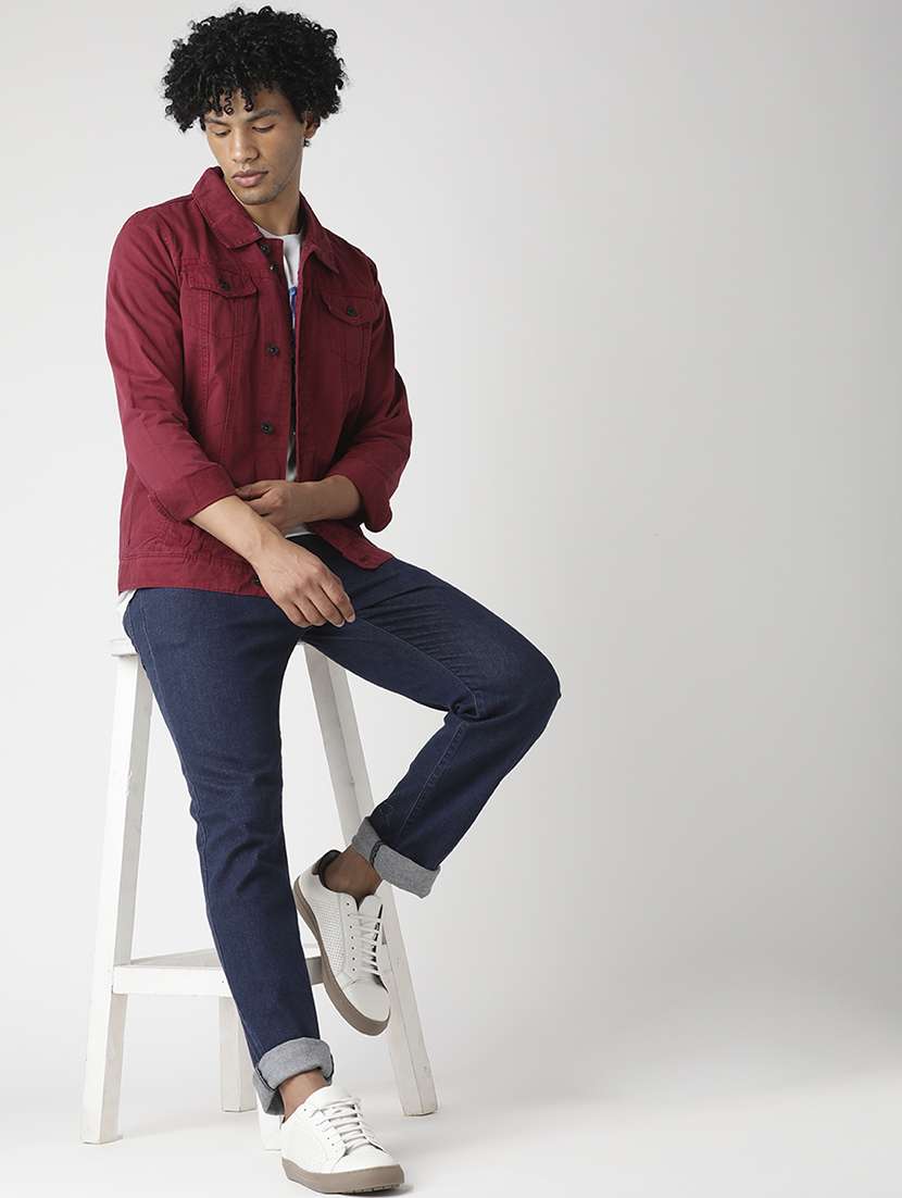 Maroon Solid Denim Jacket from Jackets 