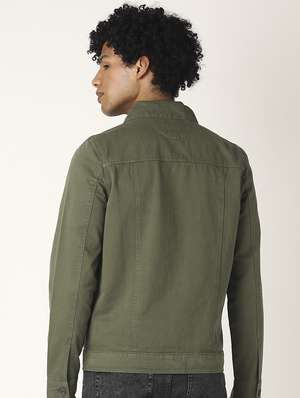 Olive Green Solid Denim Jacket 