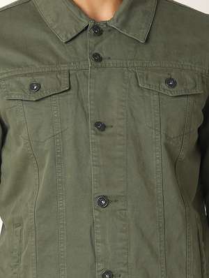 Olive Green Solid Denim Jacket 