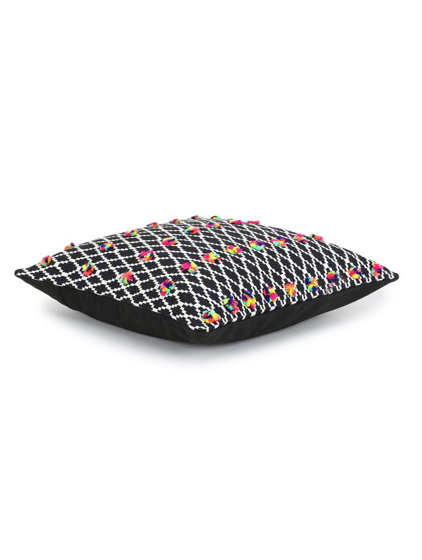 Mezposh Acoustic Black, White & Multi Cotton Jacquard Quirky Pompom Cushion Cover (16"X16")