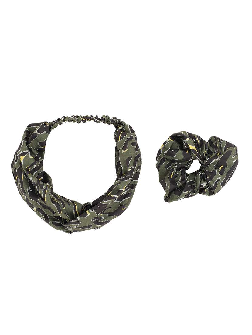 Printed Viscose Green Headband And Scrunchy Combo Pack