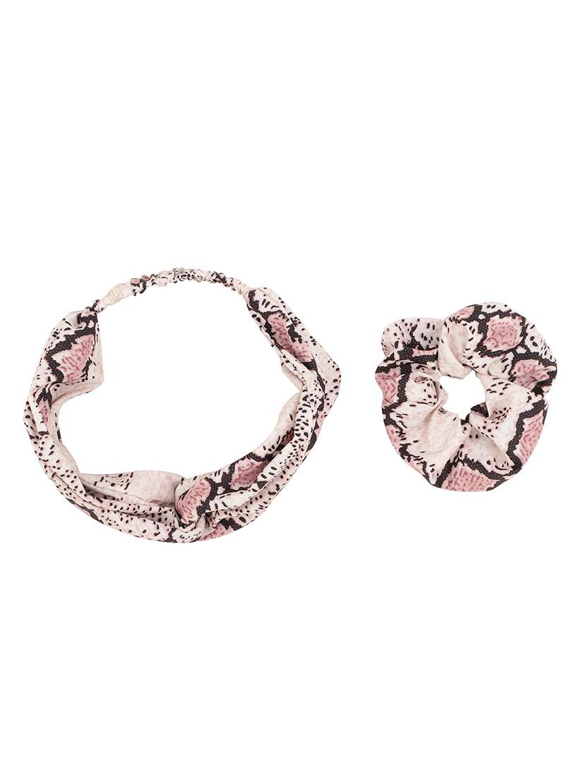 Off White Printed Viscose Headband And Scrunchy Combo Pack