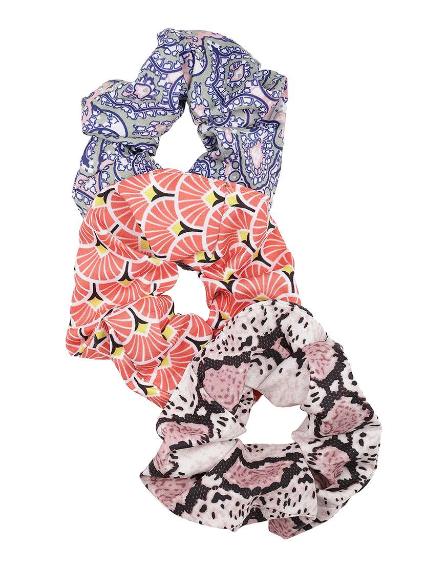 Set Of 3 Multi Color Printed Viscose Scrunchies