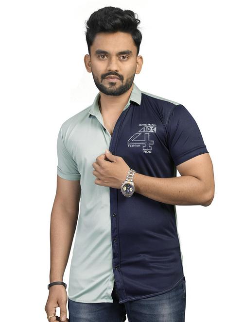 blue cotton color block casual shirt