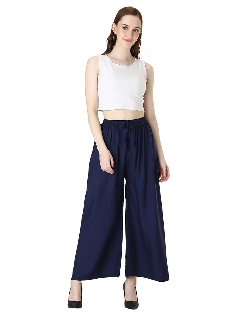 Navy Rayon Flared Palazzo