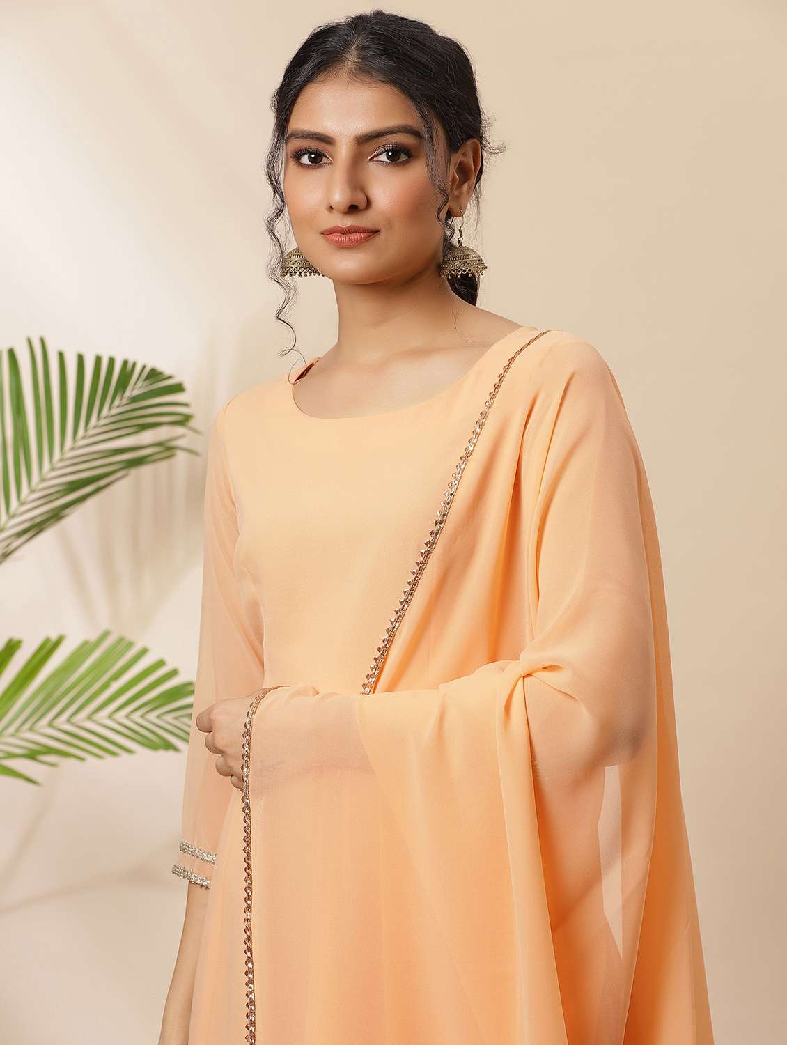 Peach Solid A Line Kurta Dupatta Set