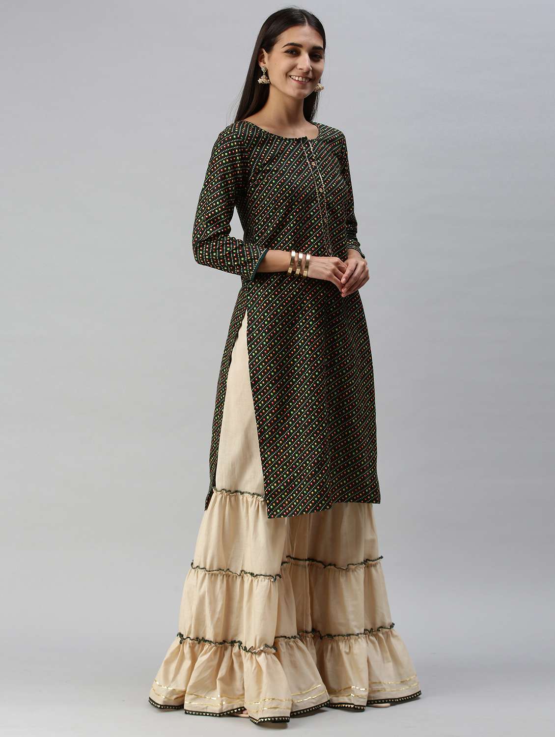 Green Cotton Blend Kurta Sharara  Set