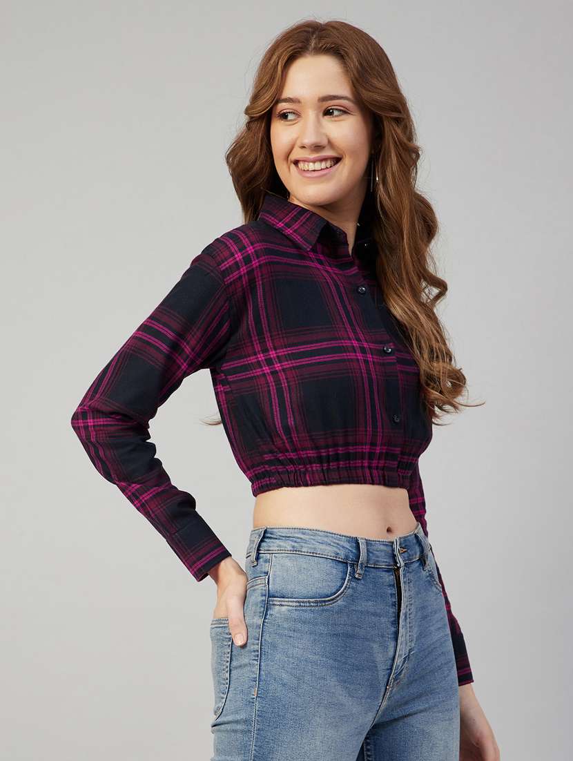 Long Sleeved Checked Crop Shirt