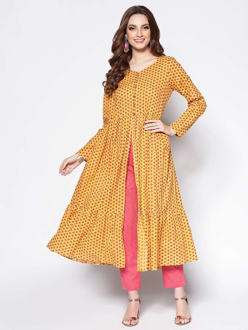 Women Yellow Printed Long Sleeve Front Slit Kurta