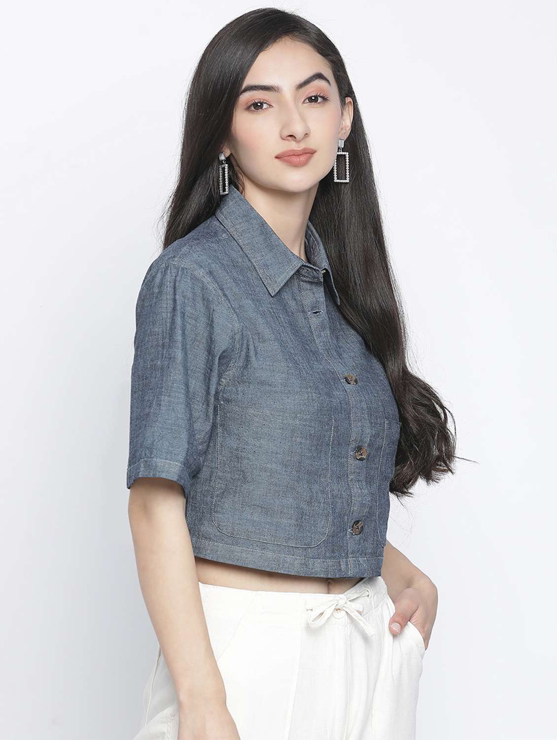 Women Solid Color Crop Shirt