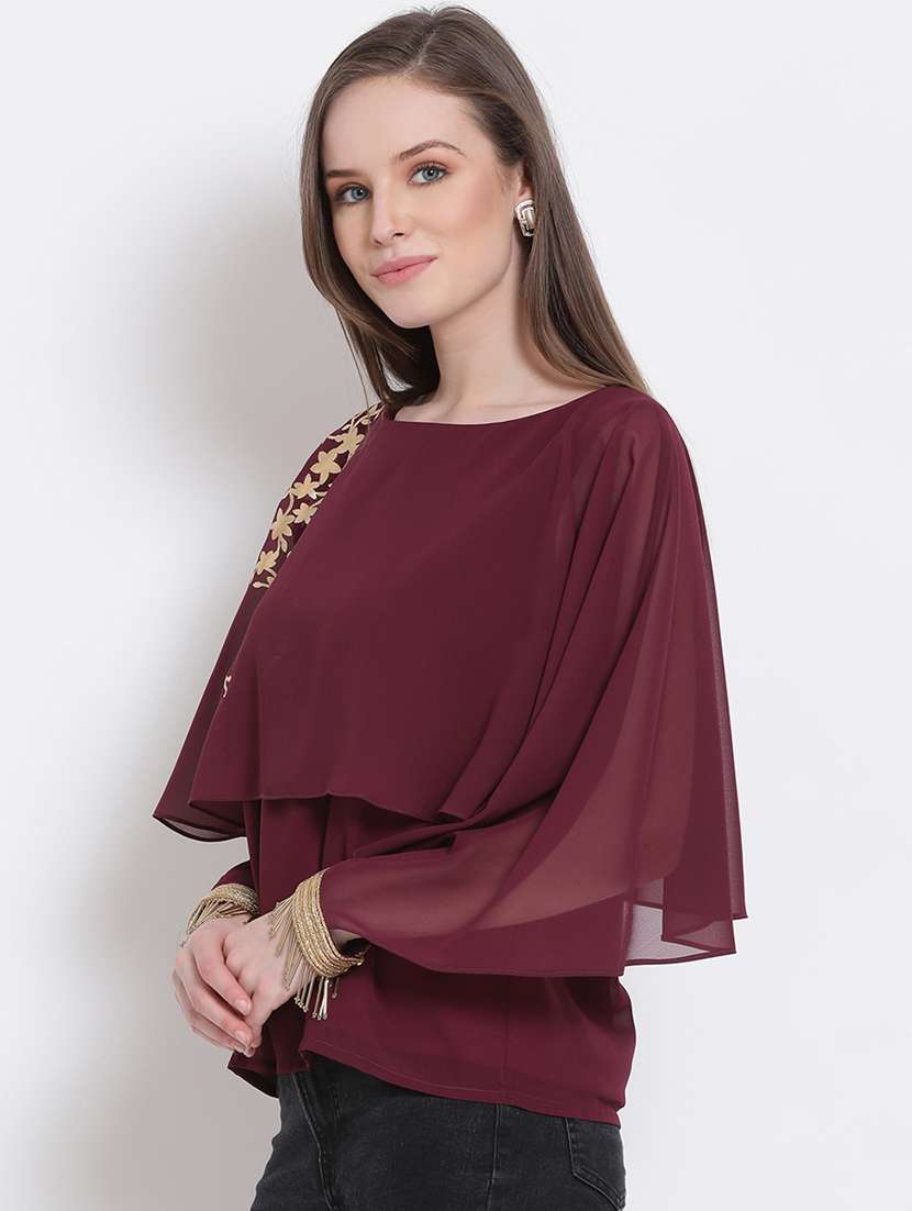 Women Maroon Foil Print Boat Neck Layered Top