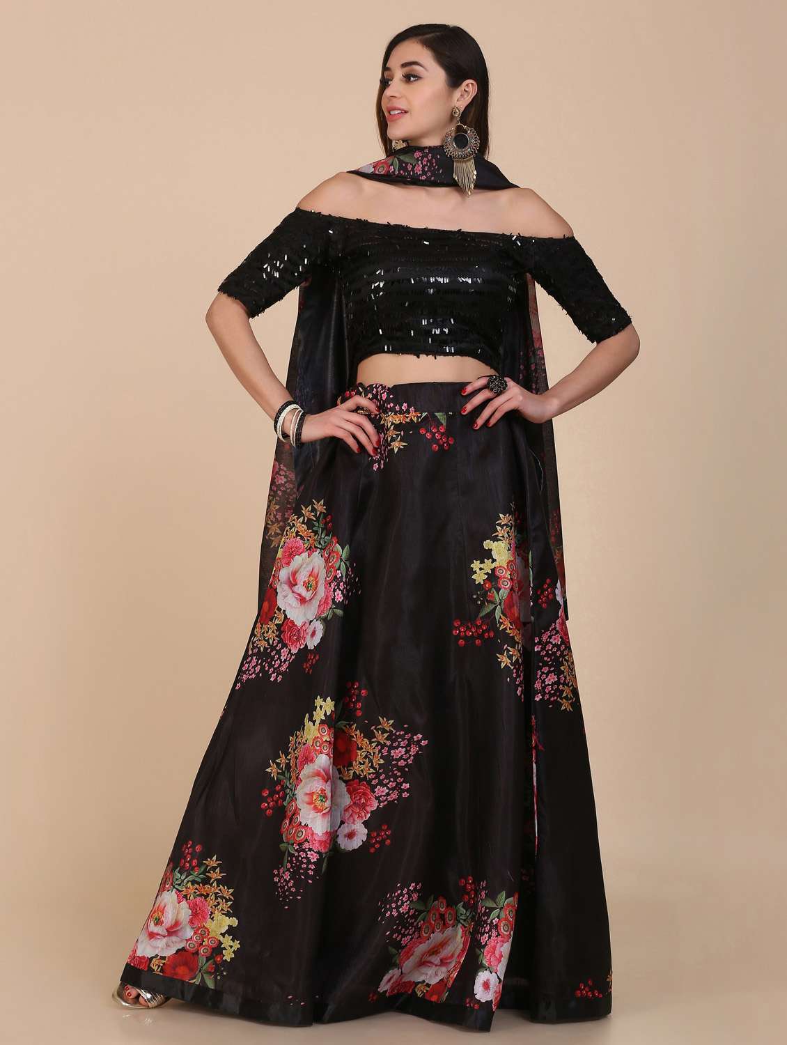 Black Net Flared Lehenga
