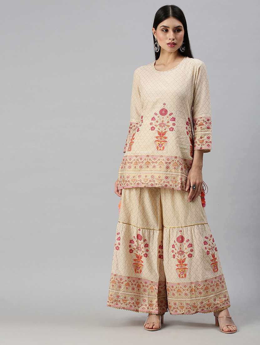 Women Floral Round Neck Kurta Sharara Set 