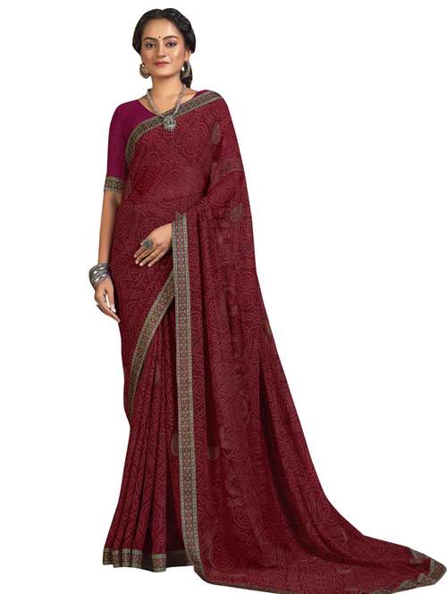 Women's Georgette Magenta Printed Designer Saree With Blouse Piece