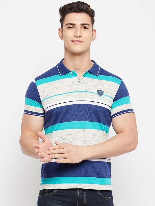 Buy online Blue Striped Polo T-shirt 