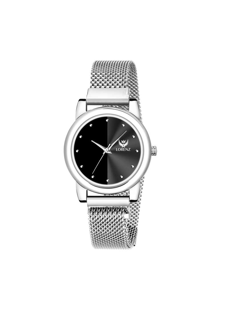 Lorenz Black Dial & Silver Magnetic Mesh Strap Watch For Women & Girls