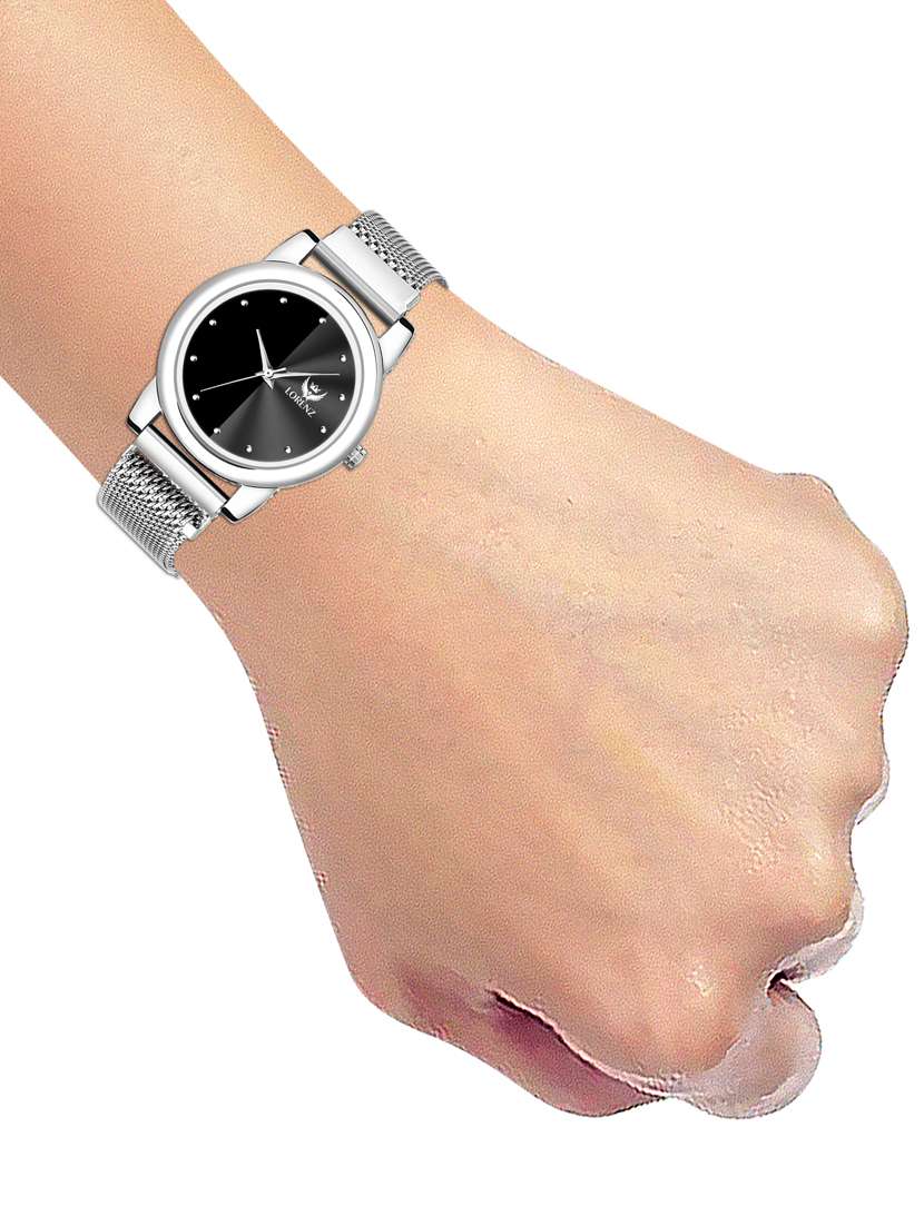 Lorenz Black Dial & Silver Magnetic Mesh Strap Watch For Women & Girls