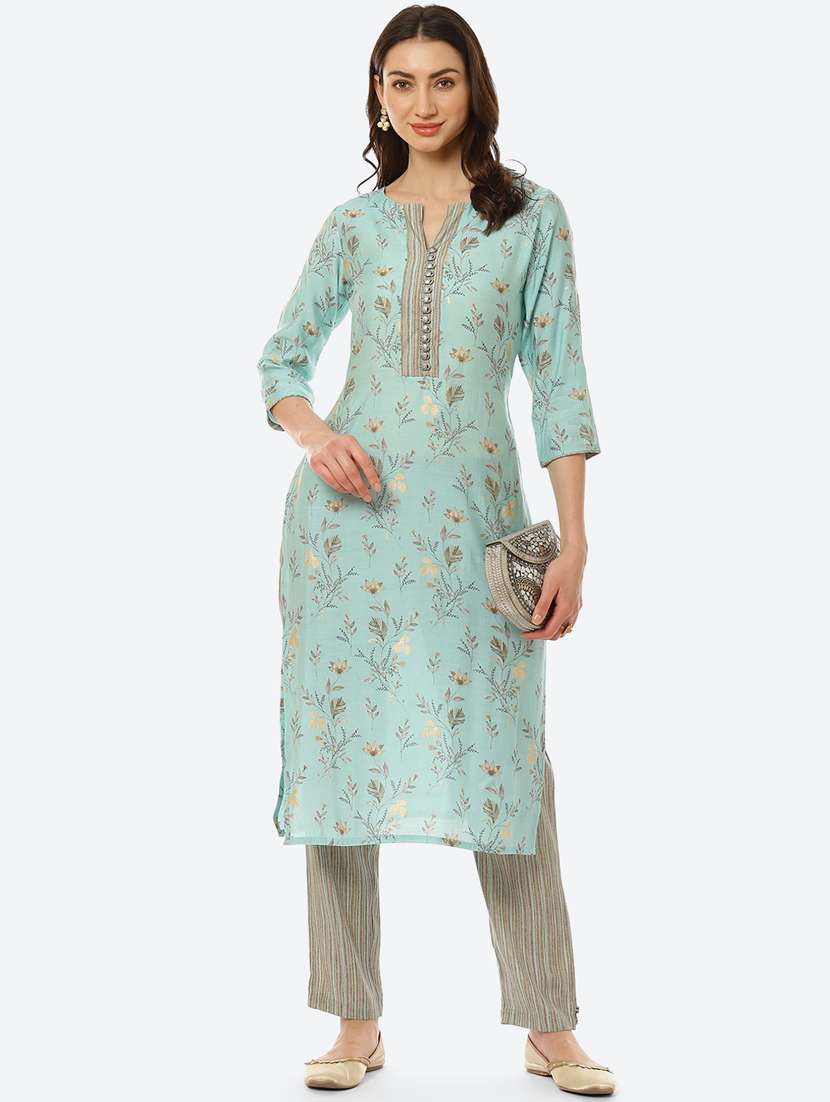 Buy online Turquoise Linen Kurta Pant Set from ethnic wear for Women by