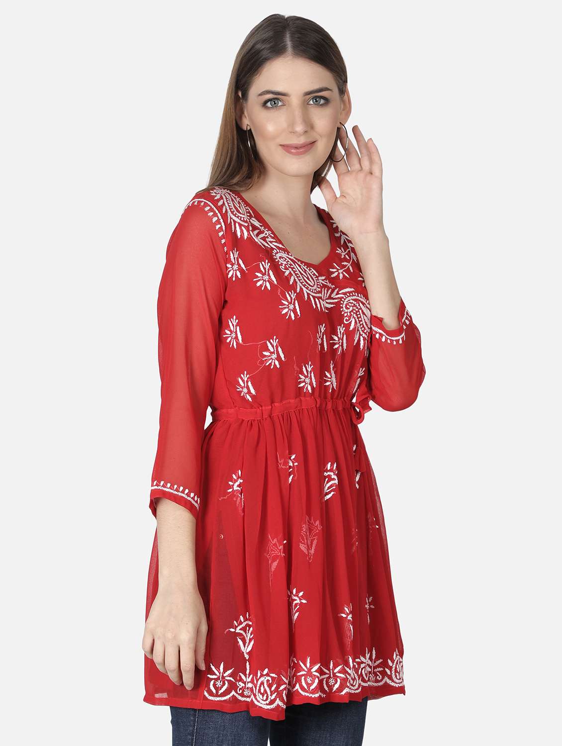 Women Overlap Neck Red Chikankari Kurti