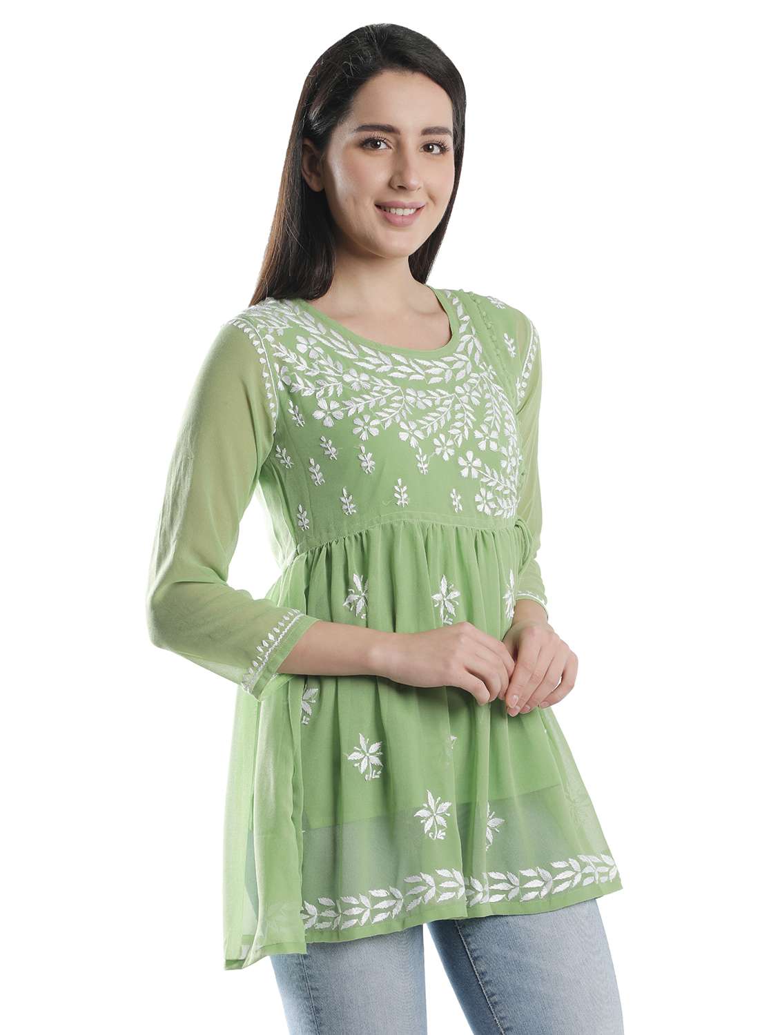Green Chikankari Flared Kurti