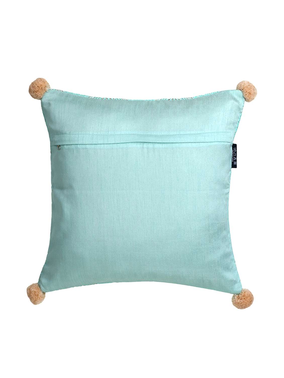 Mezposh Tribal Sea Green & Coral Ethnic Motifs Embroidered Faux Silk Cushion Cover (16"X16")